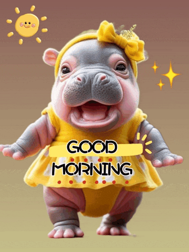 a baby hippo wearing a yellow dress with the words good morning written on it