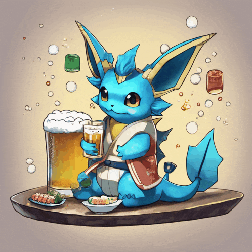 a blue pokemon holding a glass of beer on a table
