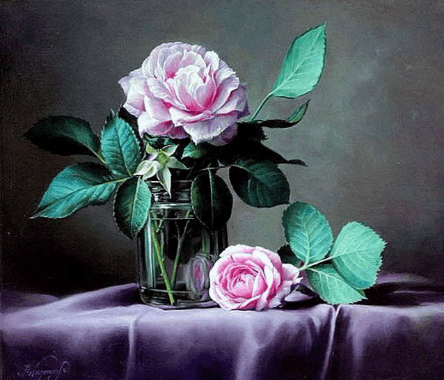 a painting of pink roses in a glass jar on a table