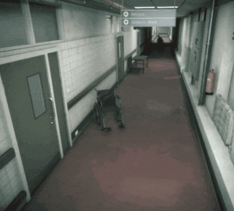 a hospital hallway with a sign that says morgue and radiation ward