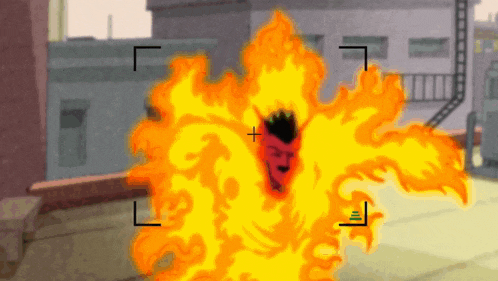 a cartoon drawing of a man in flames with a l on the bottom right