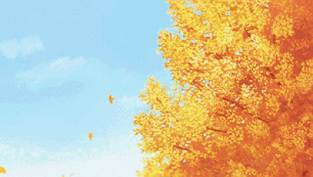 a pixel art of a tree with leaves falling