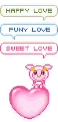a pixel art of a girl sitting on top of a pink heart with speech bubbles .