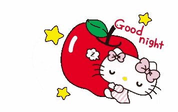 hello kitty is sleeping in an apple with the words `` good night '' written on the bottom .