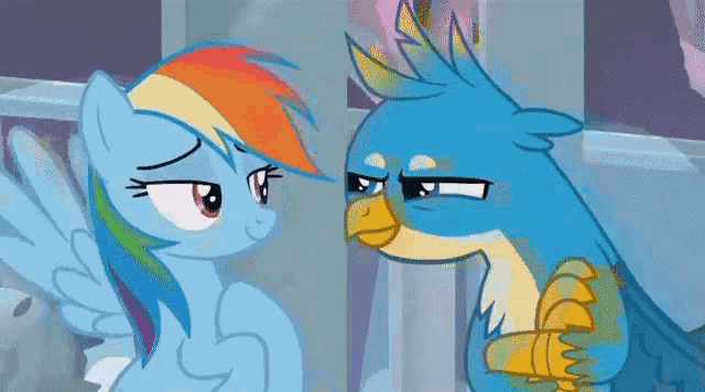 a rainbow dash and a blue bird are standing next to each other and looking at each other .