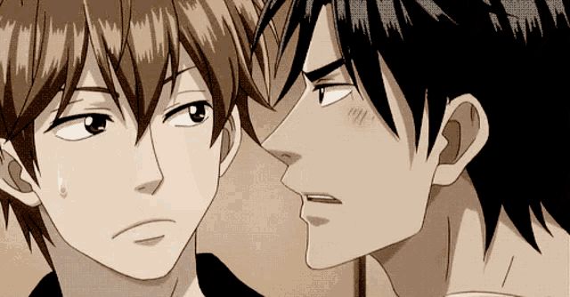 two anime characters are looking at each other with one making a funny face