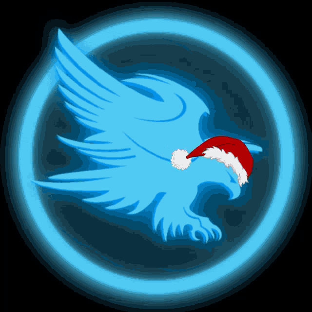 a blue eagle wearing a santa hat in a glowing circle