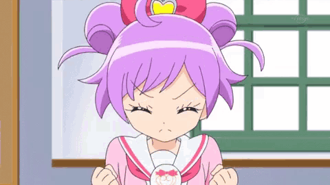 a girl with purple hair and a heart on her hat