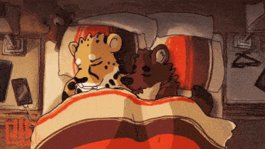 a cartoon of a leopard and a bear sleeping in bed