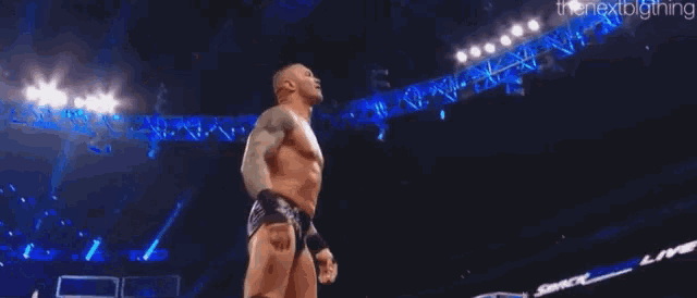 a shirtless wrestler is standing on a stage with his hands in the air .