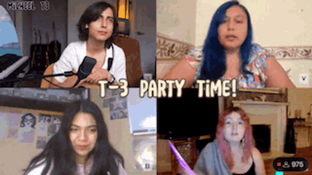 a group of girls are having a video call with the words t- 3 party time