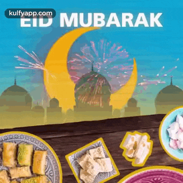a greeting card for eid mubarak with a crescent moon and fireworks in the background .