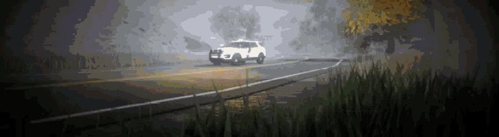 a white suv is driving down a foggy road in the countryside .