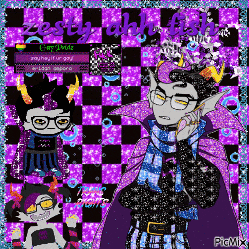 a picture of a troll with glasses and a purple cape with the words zesty ahh fish on it