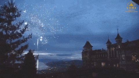 fireworks are displayed over a castle with chinese writing on the bottom