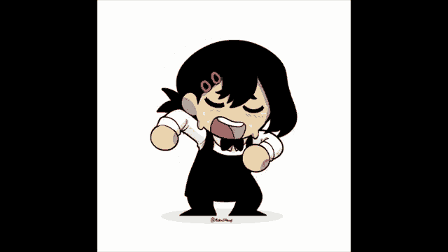 a cartoon of a girl with black hair wearing a bow tie and apron .