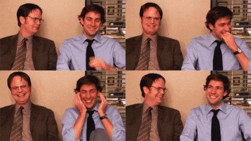 a collage of four pictures of a man in a suit and tie laughing