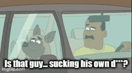 a cartoon of a man driving a car with a dog sitting in the back seat .