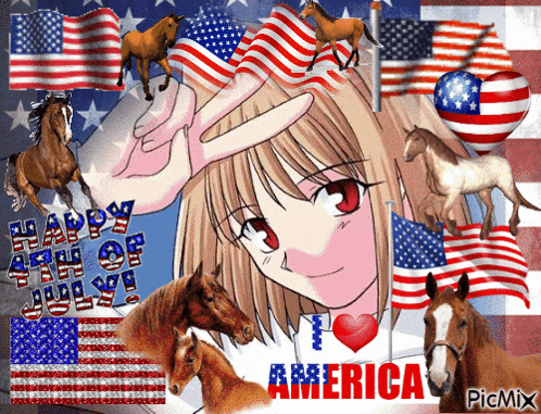 a picture of a girl surrounded by horses with the words happy 4th of july