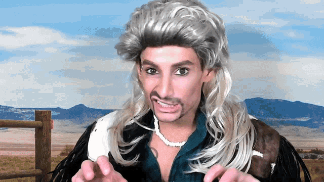 a man wearing a wig and a necklace stands in front of a desert landscape