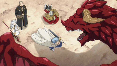 a group of cartoon characters standing around a red dragon