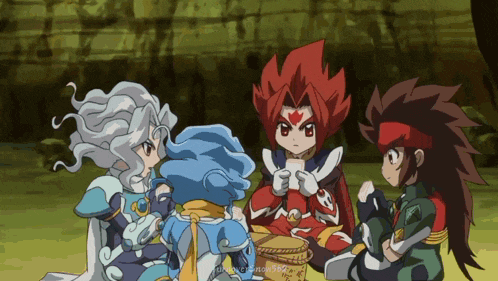 a group of anime characters are sitting in a circle and one of them has a drum in his hand