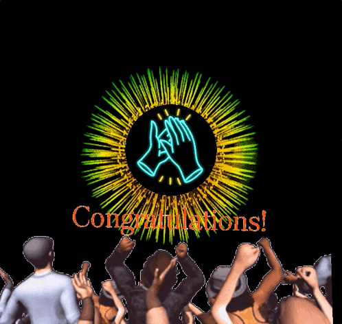 a group of people giving each other a high five in front of a firework display that says " congratulations "