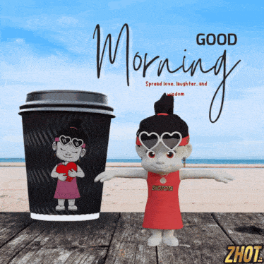 a 3d model of a girl holding a heart next to a coffee cup that says good morning