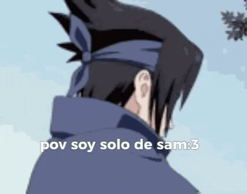 a close up of a person with a headband on their head and the words `` pov soy solo de sam '' .