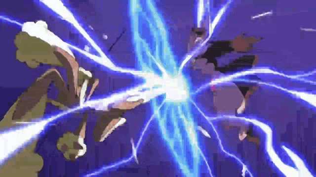 a couple of people are standing next to each other with lightning coming out of their bodies .