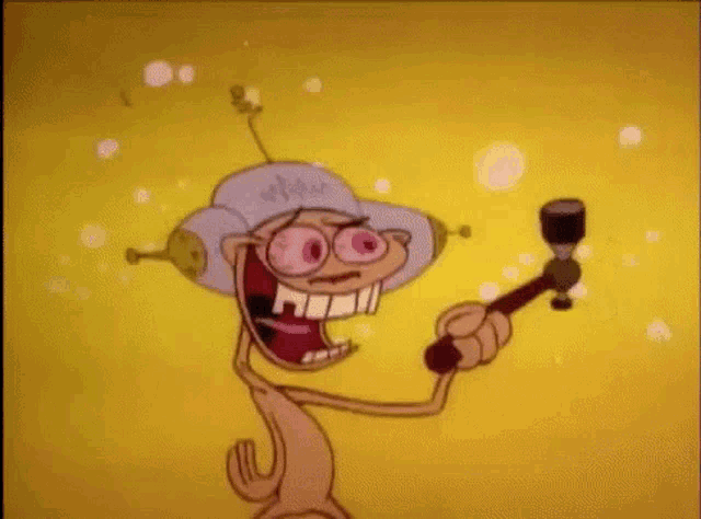 a cartoon character is holding a hammer in his hand and wearing a hat .