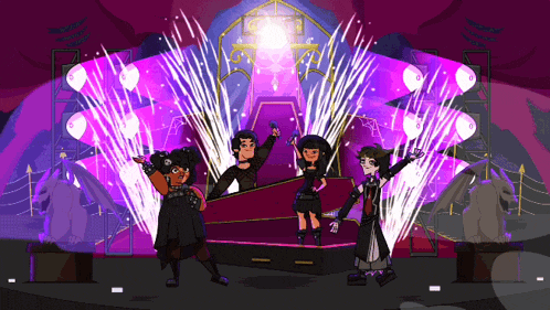 a group of cartoon characters standing in front of a stage