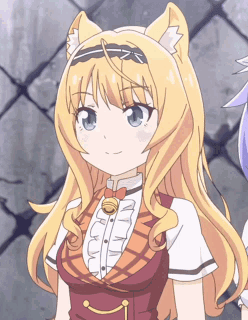 a blonde anime girl with cat ears and a bell on her shirt
