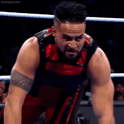 a man in a red and black outfit is standing in a wrestling ring with his arms outstretched .