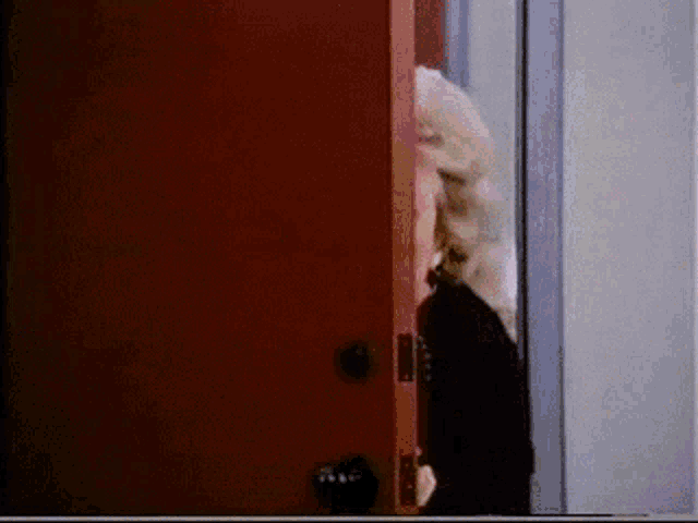 a woman is standing in a doorway looking out