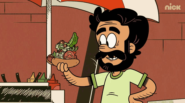 a cartoon of a man holding a hot dog under an umbrella with the nick logo in the corner
