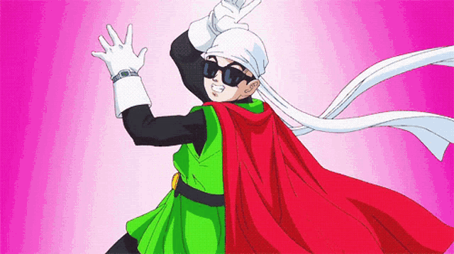 a cartoon character with sunglasses and a red cape