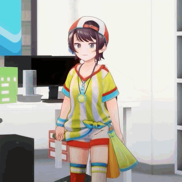 a girl in a striped shirt is standing in a room