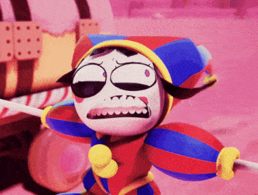 a cartoon character is wearing sunglasses and a jester 's hat