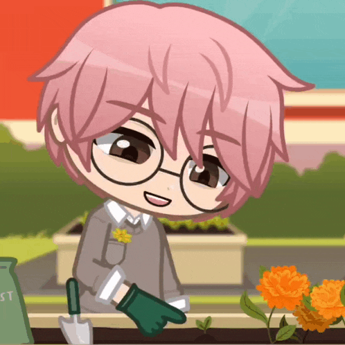 a boy with pink hair is holding a shovel in his hand
