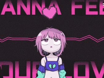 a girl with purple hair is standing in front of the words anna feel