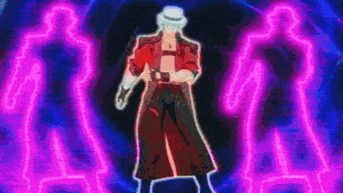 a man in a red jacket and hat is standing in front of a purple light .