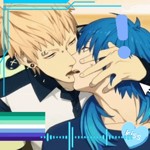 a couple of anime characters kissing with a blue heart that says kiss
