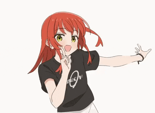 a girl with red hair is wearing a black t-shirt that says ' o ' on it .