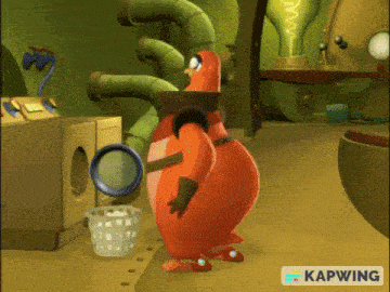 a cartoon character is holding a magnifying glass in a laundromat
