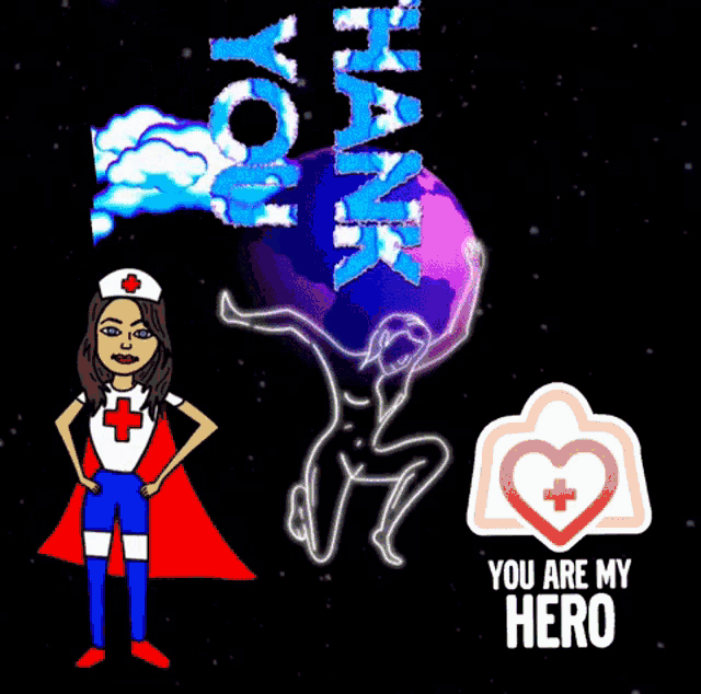 a cartoon of a nurse with a red cape and a sticker that says you are my hero