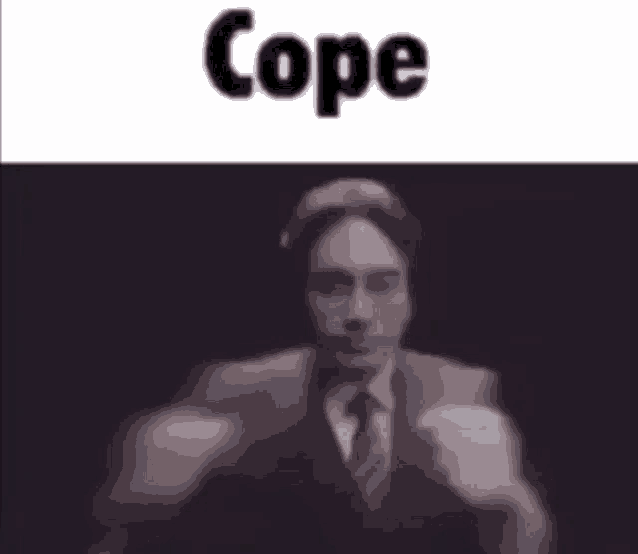a man in a suit and tie is standing in front of a black background with the word cope on it .