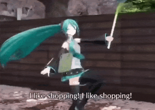 a cartoon character is holding a green flag and saying `` i like shopping , i like shopping ! ''