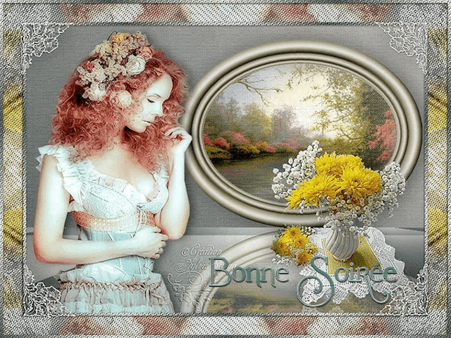 a picture of a woman with flowers in her hair and the words bonne soiree on the bottom