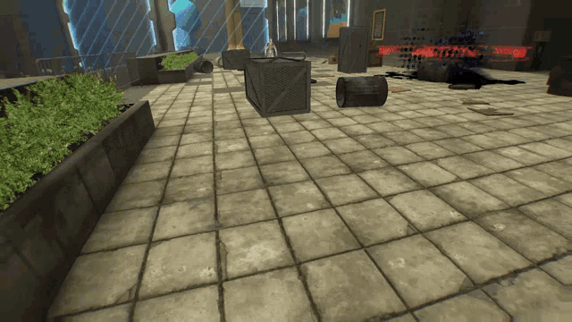 a computer generated image of a room with boxes and barrels in it